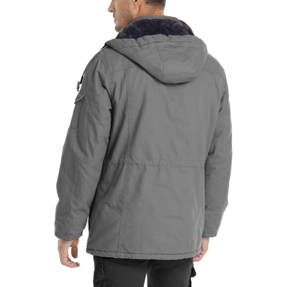 Mens Light Gray Thick Winter Jacket Hooded Fleece Lined Cotton Military Coat - Picture 6 of 6
